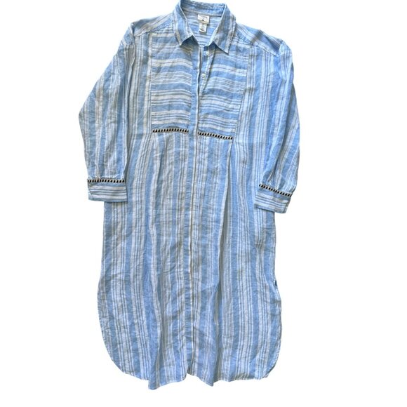 MEDIUM H&M Lemlem Blue Stripe Linen Shirtdress  Boho Beach Dress - Picture 3 of 13